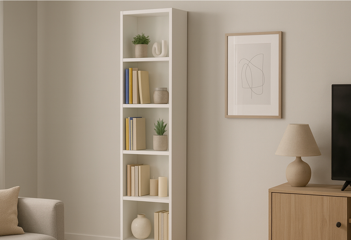 Απεικονίζεται η βιβλιοθήκη σε ένα σαλόνι.